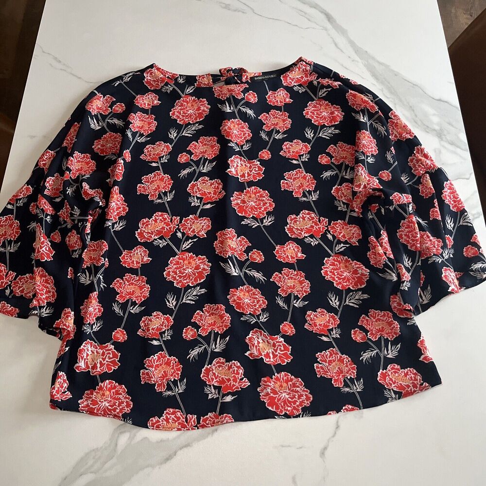 Banana Republic Top Womens Small Blue Orange Floral Print 3/4 Flare Sleeve EUC